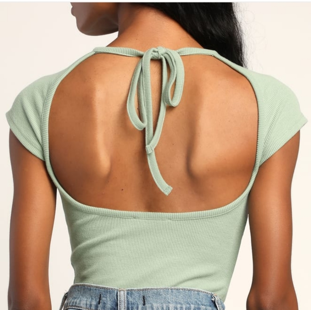 Lulus Cut to Cute Sage Green Ribbed Short Sleeve Cutout Crop Top - Picture 2 of 3